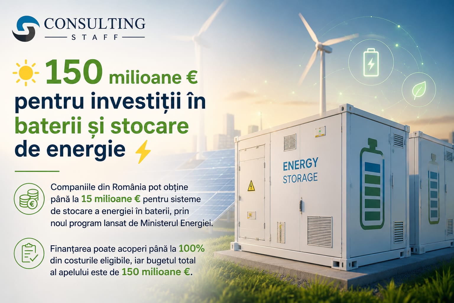 ☀️ 150 milioane € pentru investiții în baterii și stocare de energie ⚡️
